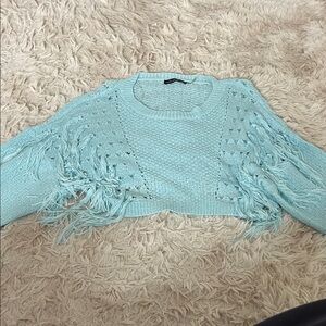 Hot & Delicious Light Blue Cropped Fringe Crewneck Sweater